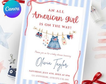 All American Girl Baby Shower Invitation, Patriotic Baby Shower Invite, Fourth Of July Baby Shower, Red White Blue Girl Shower, Printable
