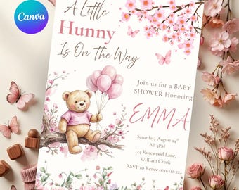 A Little Hunny Baby Shower Invitation, Pink Teddy Bear Floral Baby Girl Invite, Editable Template, Instant Download