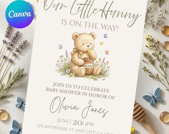 Teddy Bear Baby Shower Invitation Template, Honey Bear Printable Invite, Gender Neutral Shower, Editable Boho Bear Digital Download