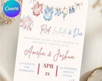 Red White And Due Baby Shower Invitation, Patriotic Fireworks Canva Template, 4th Of July Editable Invite, Printable Digital Shower Card