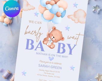 We Can Baerly Wait Baby Shower Invitation, Teddy Bear Boy Balloon Invite, Blue Brown Bear Printable Invite, Digital Baby Shower Evite