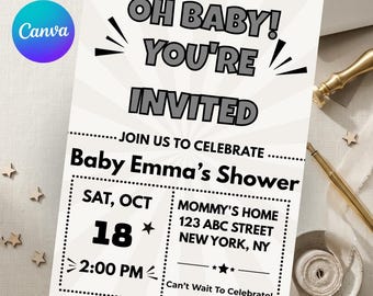 Oh Baby You're Invited Shower Invitation, Black White Neutral Canva Template, Bold Retro Baby Shower Invite, Editable Printable Digital Card