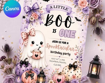 Little Boo Is One Spooky Girl Halloween 1st Birthday Invitation, Ghost With Bow Coquette Pumpkin Floral Invite, Hey Boo Pink Purple Party