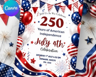 4th of July Invitation Template, America 250th Anniversary Party Invite, Patriotic Independence Day Printable, Editable Digital Download