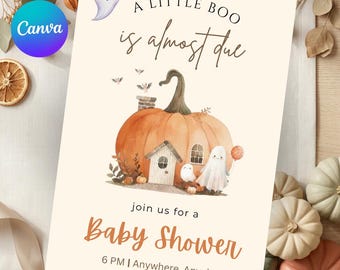 Little Boo Baby Shower Invitation Template, Halloween Ghost Pumpkin Invite, Editable Spooky Cute Printable, Fall Digital Download