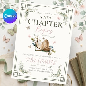 Op de afbeelding: Een rechthoekige uitnodigingskaart voor een babyshower met de tekst A NEW CHAPTER BEGINS en OLIVIA PARKER. Het ontwerp bevat een illustratie van een open boek, groene botanische bladeren en kleine roze vlinders op een witte achtergrond.