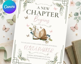 A New Chapter Begins Baby Shower Invitation, Book Butterfly Greenery Canva Template, Boho Floral Editable Invite, Printable Digital Card
