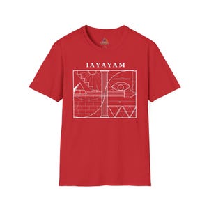 May include: Red t-shirt with a white graphic design featuring geometric shapes, an eye, and the text "IAYAYAM". The shirt has short sleeves and a crew neck. The design is centered on the front of the shirt.