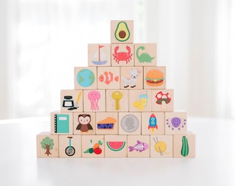 Colorful Picture Alphabet Blocks by Bannor Toys - Wooden Montessori ABC Blocks