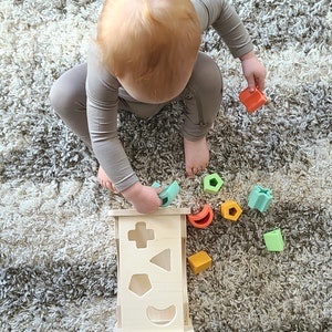 Wooden Shape Sorter Montessori Inspired Sorting Toy for Toddlers Wood and Silicone image 4