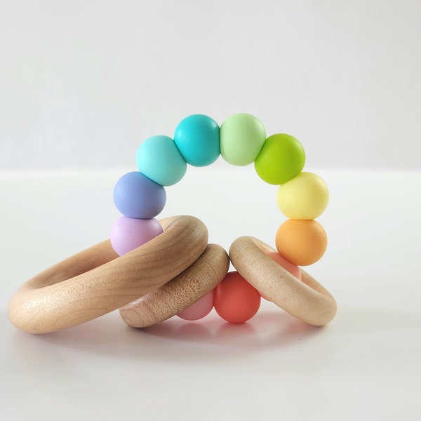 Confetti Saturn Ring Baby Rattle Toy Wooden Ring Rattle by Bannor Toys Silicone and Wood Baby Toy Rattle