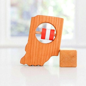 Indiana State Baby Rattle: Modern Wooden Toy, Natural Cherry Wood