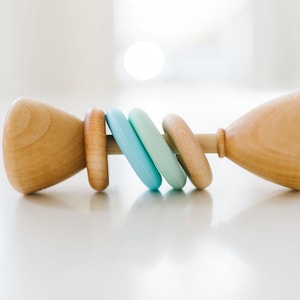 Colorblock Wooden Baby Rattle with Silicone Rings