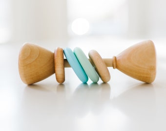 Colorblock Wooden Baby Rattle with Silicone Rings