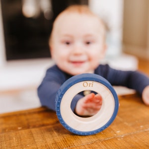 Navy Silicone Wrapped Wooden Ring Wood Baby Toy Silicone and Wood Baby Toy