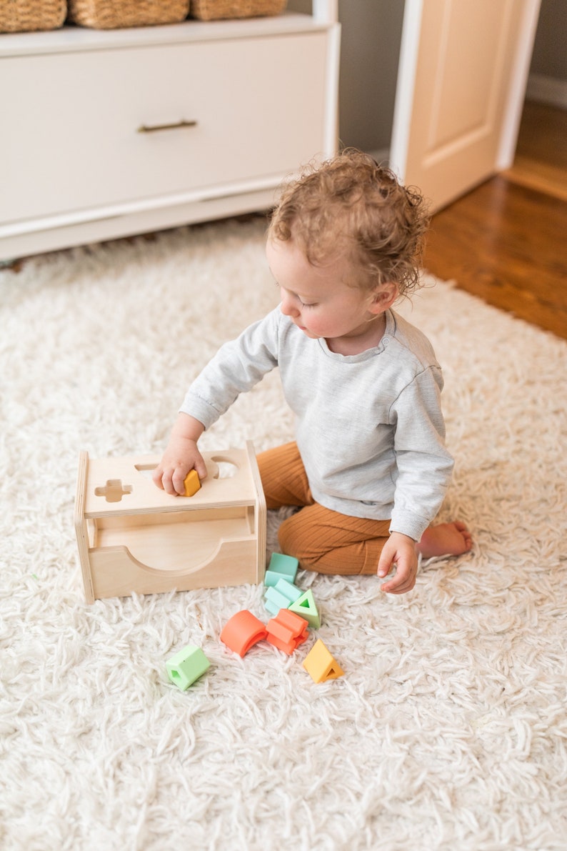 Wooden Shape Sorter Montessori Inspired Sorting Toy for Toddlers Wood and Silicone image 5