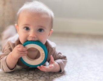 Deep Teal Silicone Wrapped Wooden Ring Wood Baby Toy Silicone and Wood Baby Toy
