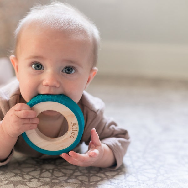 Deep Teal Silicone Wrapped Wooden Ring Wood Baby Toy Silicone and Wood Baby Toy