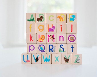 Animal ABC Bright Colored Wooden Blocks Wooden Toy Blocks Building Blocks Rainbow Color