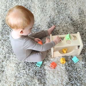 Wooden Shape Sorter Montessori Inspired Sorting Toy for Toddlers Wood and Silicone image 8