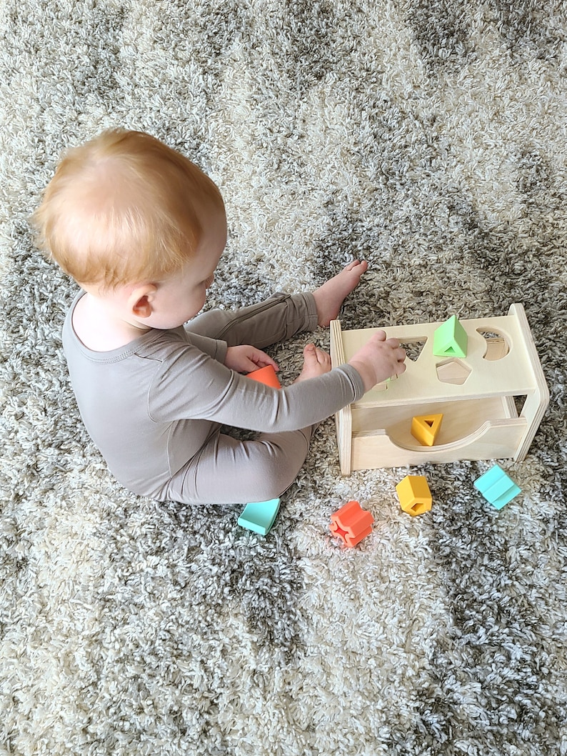 Wooden Shape Sorter Montessori Inspired Sorting Toy for Toddlers Wood and Silicone image 8