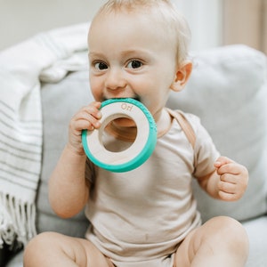 Aqua Silicone Wrapped Wooden Ring Wood Baby Toy Silicone and Wood Baby Toy