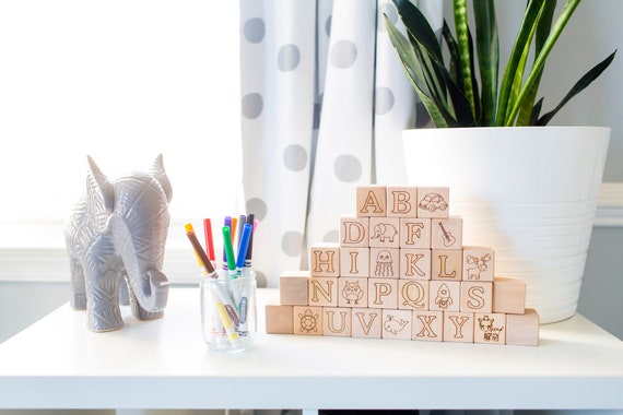Color Your Own ABC Blocks: Baby Shower Activity, Laser Engraved Maple Blocks