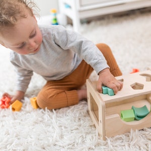 Wooden Shape Sorter Montessori Inspired Sorting Toy for Toddlers Wood and Silicone image 7