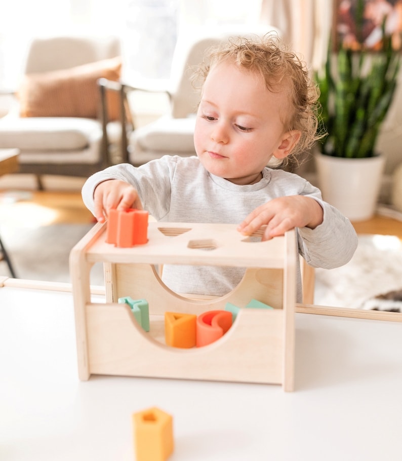 Wooden Shape Sorter Montessori Inspired Sorting Toy for Toddlers Wood and Silicone image 9