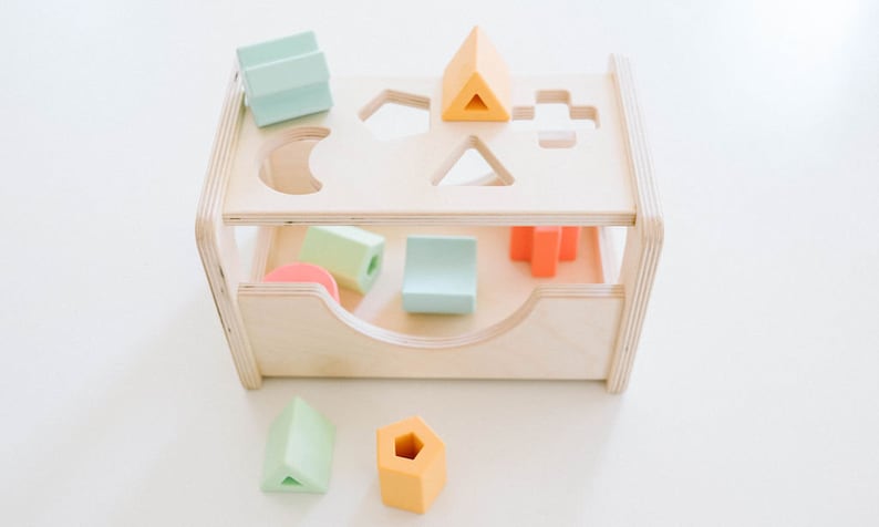 Wooden Shape Sorter Montessori Inspired Sorting Toy for Toddlers Wood and Silicone image 1