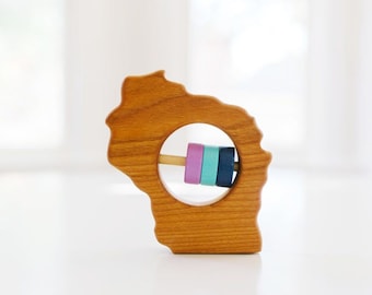 WISCONSIN State Baby Rattle™ - Modern Wooden Baby Toy - Organic and Natural