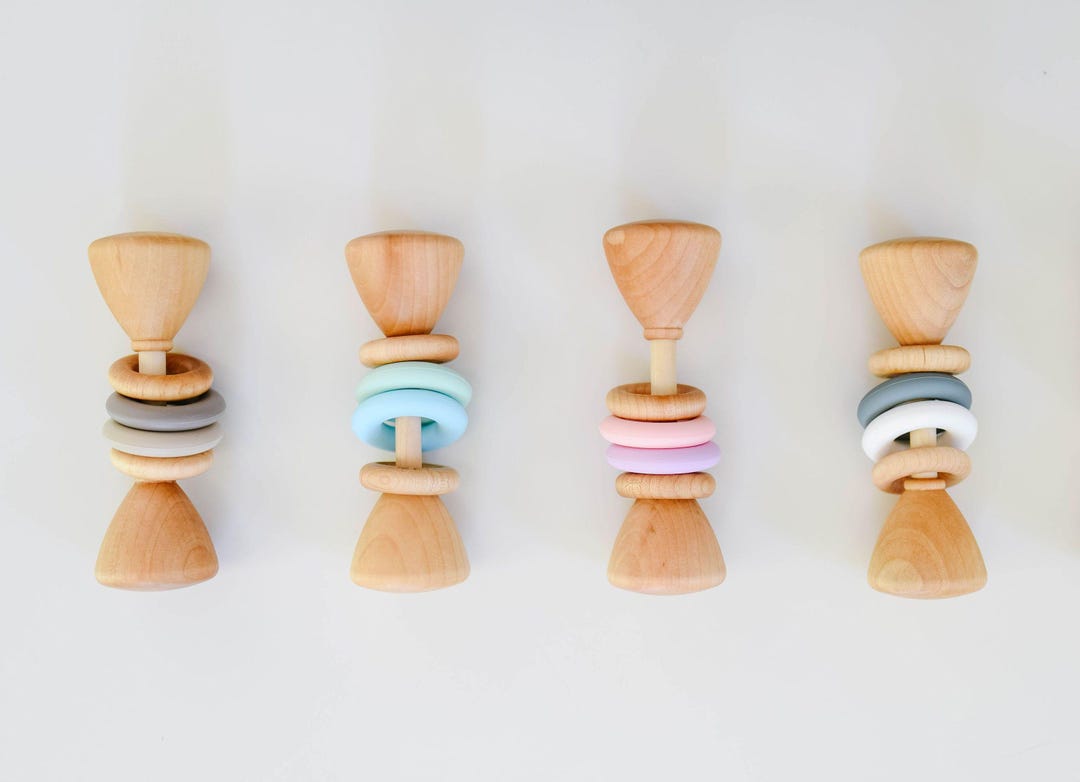 Color Block Wooden Baby Rattle: Montessori Toy With Silicone Rings - Etsy