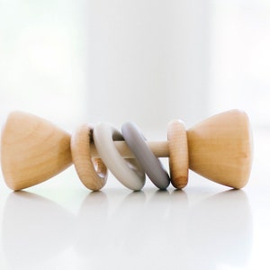 Colorblock Wooden Baby Rattle: Sensory Toy with Silicone Rings