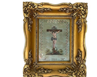 Antique Framed Beaded Embroidery With Petite Point ,Gilded Wooden Picture Frame, Religious Embroidery, Crucifixtion of Jesus Embroidery