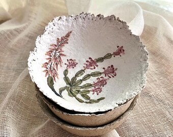 Conjunto de 3 tigelas de papel machê, prato para joias com decoupage de flores