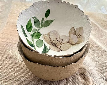 Conjunto de 3 tigelas de papel machê, prato para joias com decoupage de flores