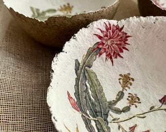 Conjunto de 3 tigelas de papel machê, prato para joias com decoupage de flores