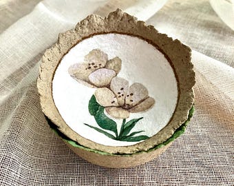 Conjunto de 2 Tigelas de Papel Machê, Prato para Joias com Decoupage de Flores