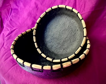 Black Papier Mache Bowls With Raffia Trim ,Set of Two, Handmade With Love