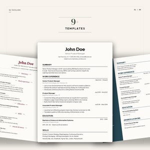 May include: A selection of resume templates with a contemporary design. The templates have a professional layout, with sections for summary, work experience, education, and skills. The text includes the name "John Doe" and the title "Senior Product Manager."