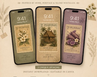 Vintage Filipino Postage Stamp Phone Wallpapers | Lock Screens | Sampaguita, Bahay Kubo, UBE Wallpaper Bundle | Digital Download