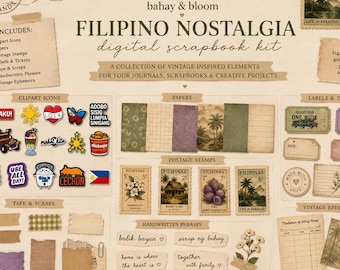 Filipino Nostalgia Digital Scrapbook Kit | Vintage PNG Clipart, Printable Papers, Postage Stamps & Journal Elements