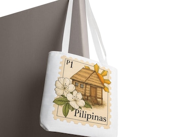 Philippine Bahay Kubo Stamp Tote Bag | Pilipinas nipa hut design