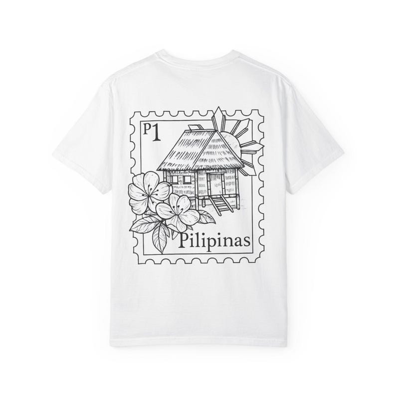 Pilipinas Stamp Design T-shirt | Bahay Kubo & Sampaguita Outline Pocket Print image 3