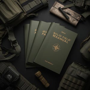 Könnte beinhalten: Draufsicht auf olivgrüne Militärhandbücher mit goldfarbenem Text und einer Windrose. Die Handbücher sind von taktischer Ausrüstung umgeben, darunter eine Taschenlampe, Taschen und eine Karte, auf dunklem Hintergrund.