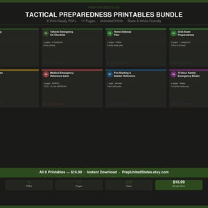May include: A digital bundle of tactical preparedness printables. The image displays eight print-ready PDFs, including checklists and plans for various emergency scenarios. The text includes "Bug Out Bag Checklist," "Vehicle Emergency Kit Checklist," and "Home Defense Plan."