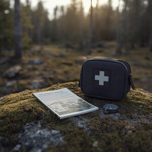 Puede incluir: Un botiquín gris oscuro con una cruz blanca, un mapa y una brújula descansan sobre una roca cubierta de musgo en un entorno forestal. El kit tiene cremallera y es rectangular. El mapa tiene texto e imágenes. La brújula es pequeña y redonda.