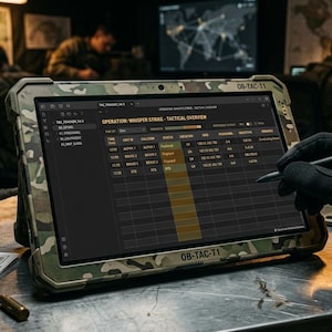 Op de afbeelding: Een robuuste tablet met een camouflagehoes toont tactische gegevens, inclusief de tekst "OPERATION WHISPER STRIKE - TACTICAL OVERVIEW." Een gehandschoende hand gebruikt een stylus op het scherm. Militaire uitrusting is zichtbaar op de achtergrond.