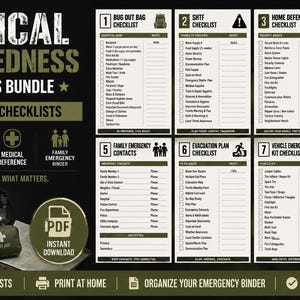May include: A bundle of 8 printable emergency checklists, including Bug Out Bag, Home Defense, and Medical Reference. The title reads "Tactical Preparedness Printables Bundle." The image includes a backpack, first aid kit, and a PDF icon.