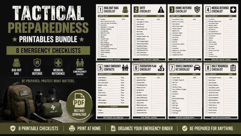 May include: A bundle of 8 printable emergency checklists, including Bug Out Bag, Home Defense, and Medical Reference. The title reads "Tactical Preparedness Printables Bundle." The image includes a backpack, first aid kit, and a PDF icon.